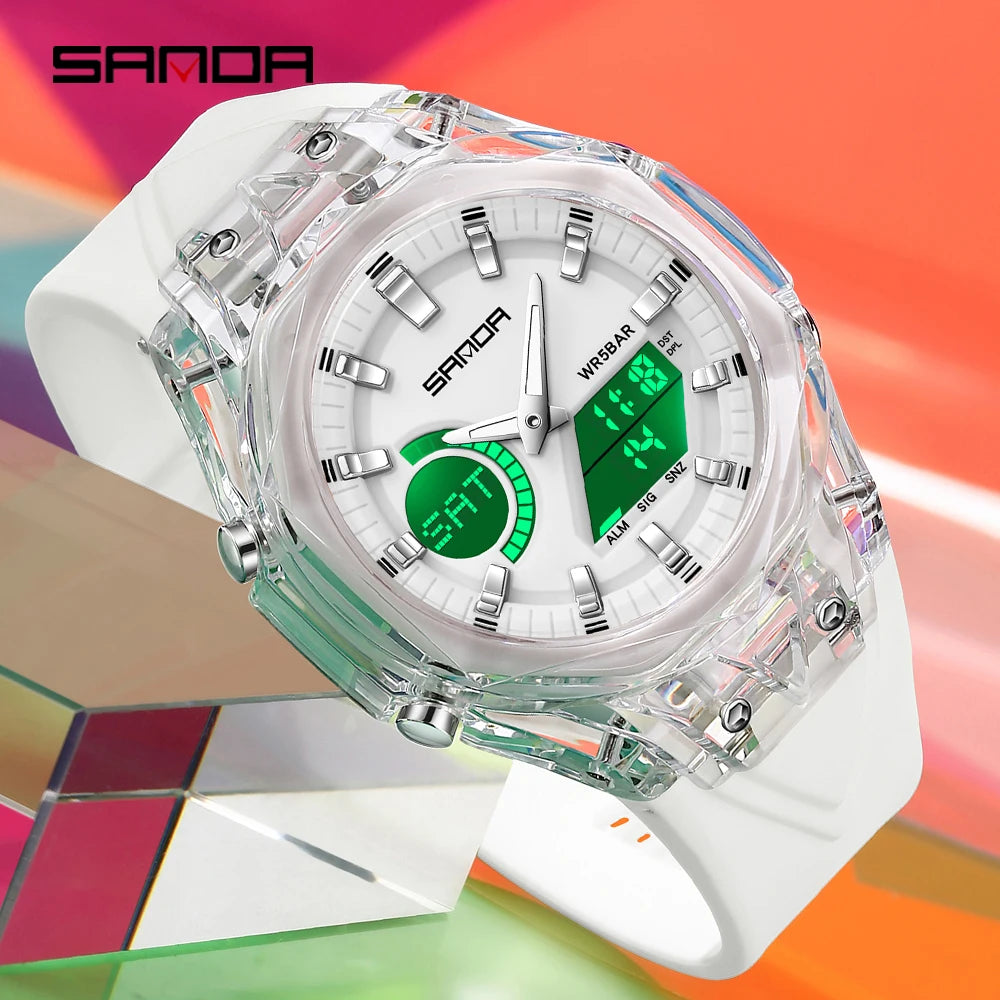 SANDA 6283 Fashion Electronic Quartz Watches for Man Dual Display Students Luminous Alarm Clock Shockproof Sports Digital Watch