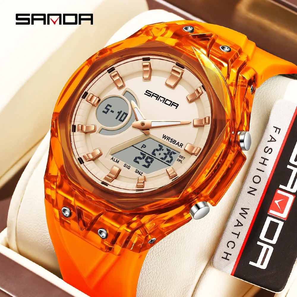 SANDA 6283 Fashion Electronic Quartz Watches for Man Dual Display Students Luminous Alarm Clock Shockproof Sports Digital Watch