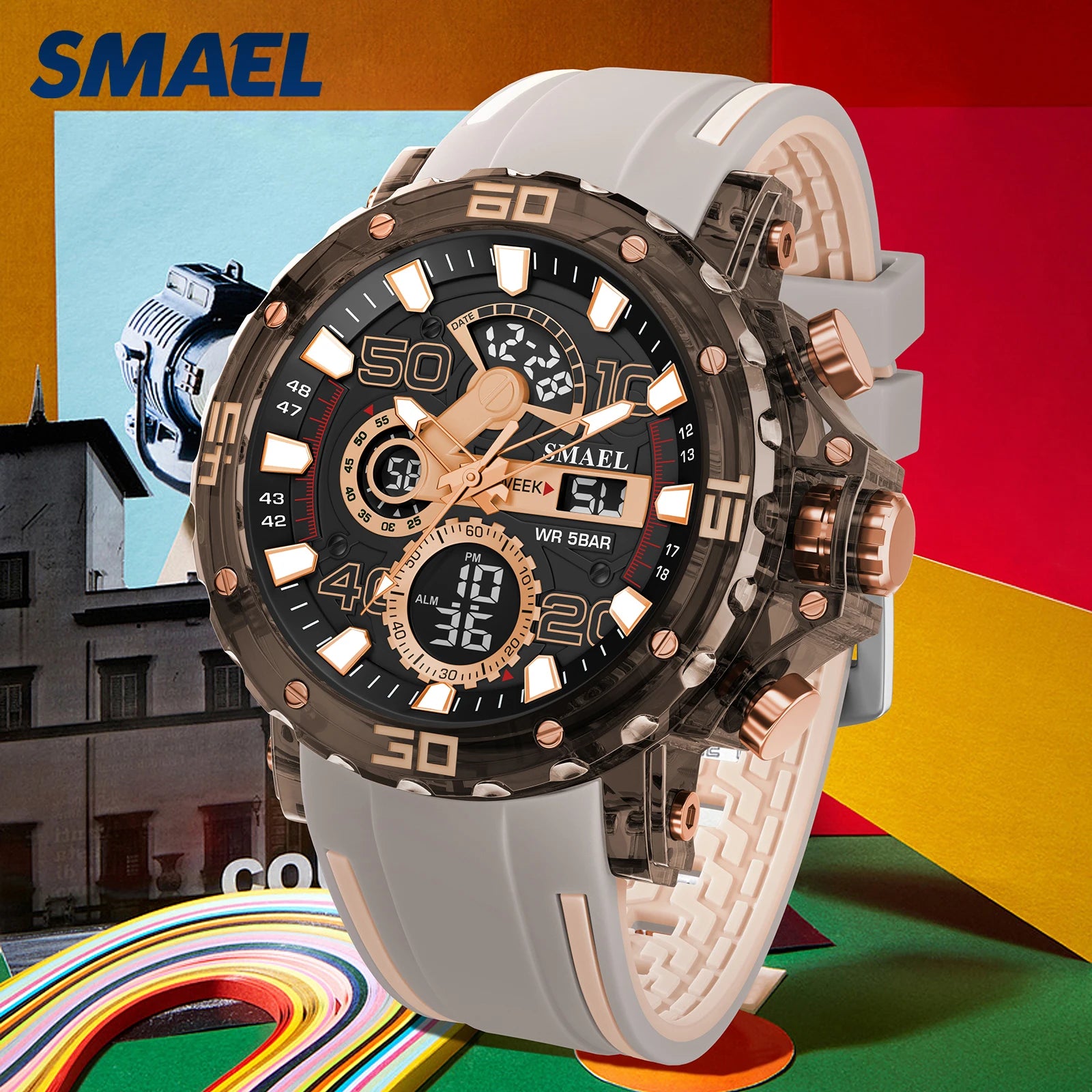 SMAEL 8136 50M Waterproof Military Watch for Men - LED Backlight Alarm Chronograph Stopwatch Shockproof Outdoor