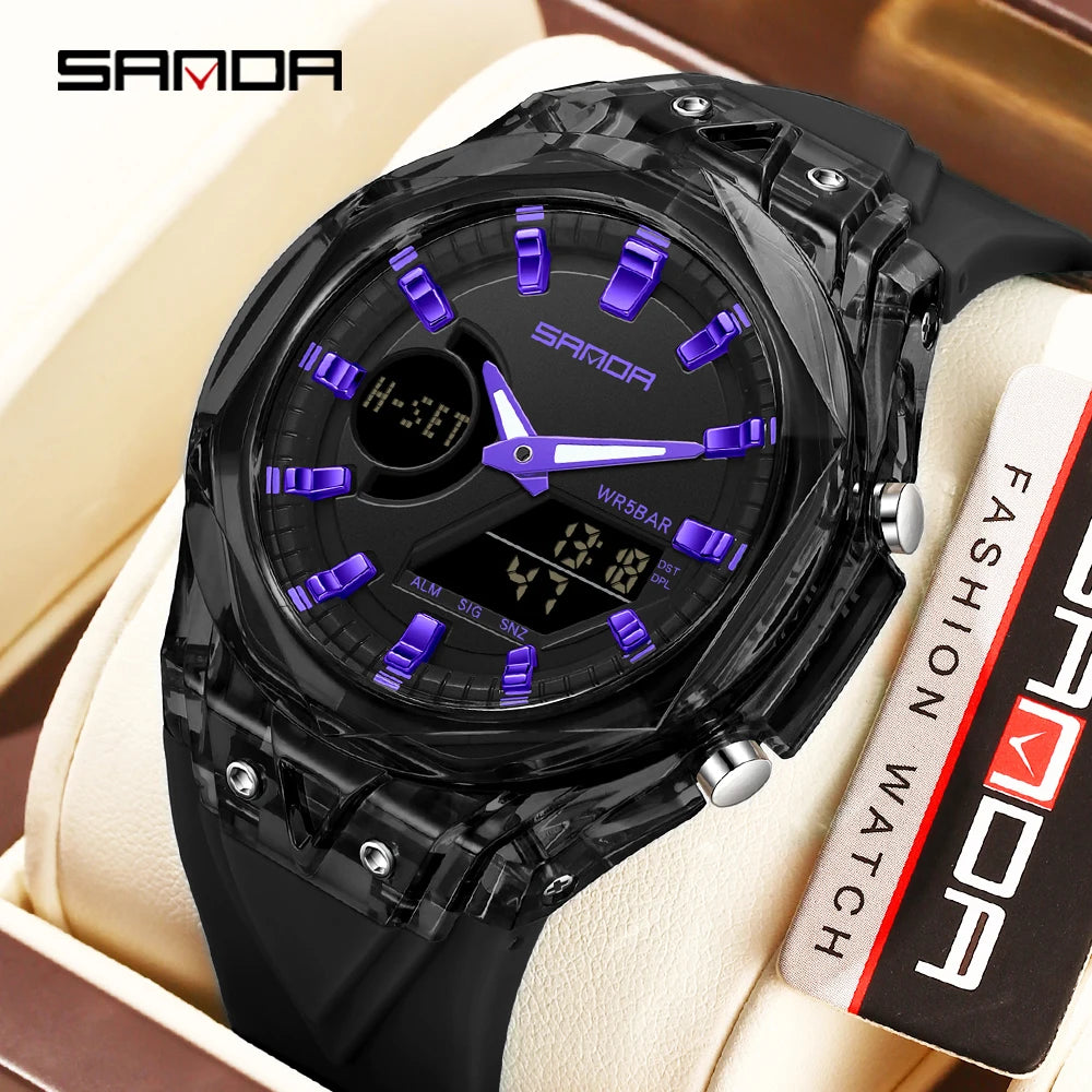 SANDA 6283 Fashion Electronic Quartz Watches for Man Dual Display Students Luminous Alarm Clock Shockproof Sports Digital Watch