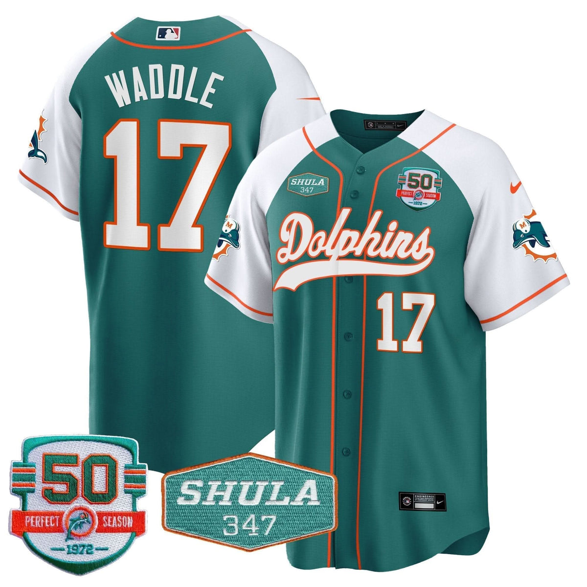 Dolphins 50th & Don Shula 347 Memorial Patch Baseball Jersey - All Stitched