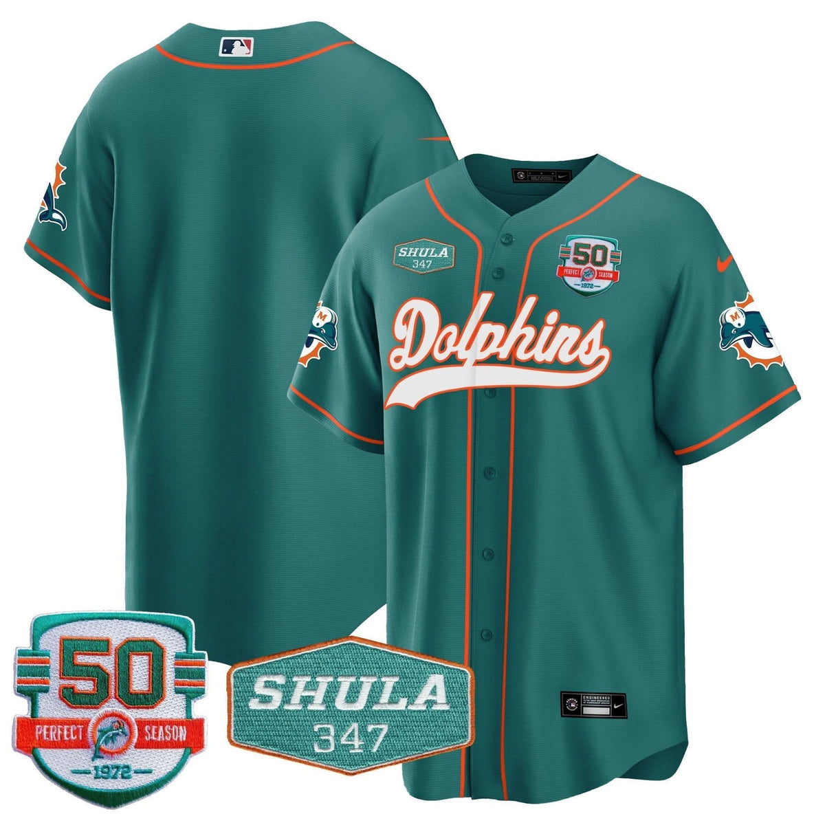 Dolphins 50th & Don Shula 347 Memorial Patch Baseball Jersey - All Stitched