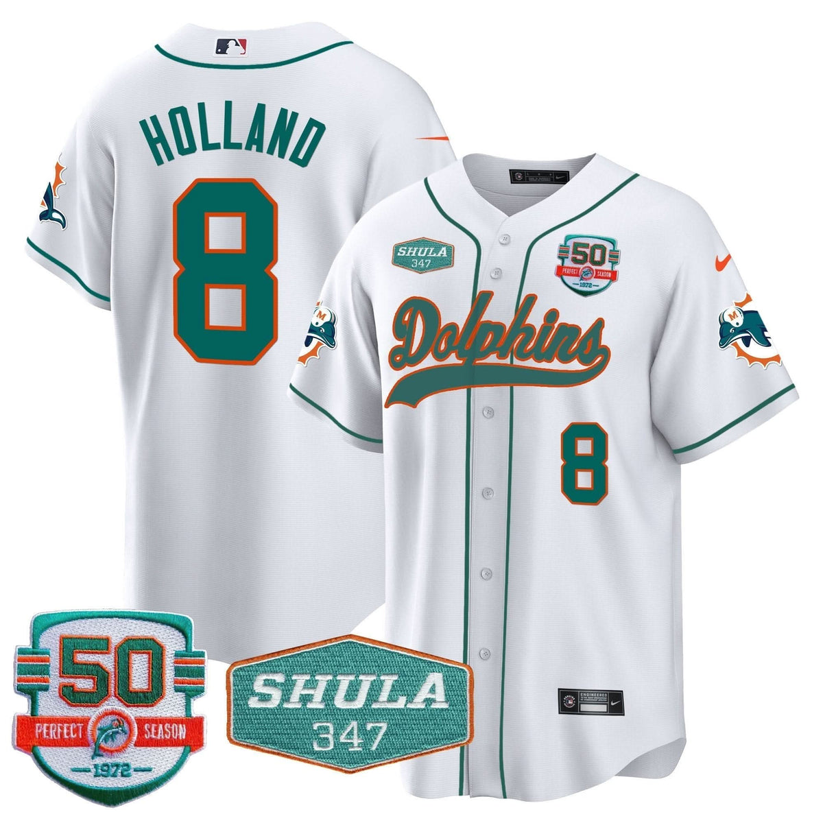 Dolphins 50th & Don Shula 347 Memorial Patch Baseball Jersey - All Stitched
