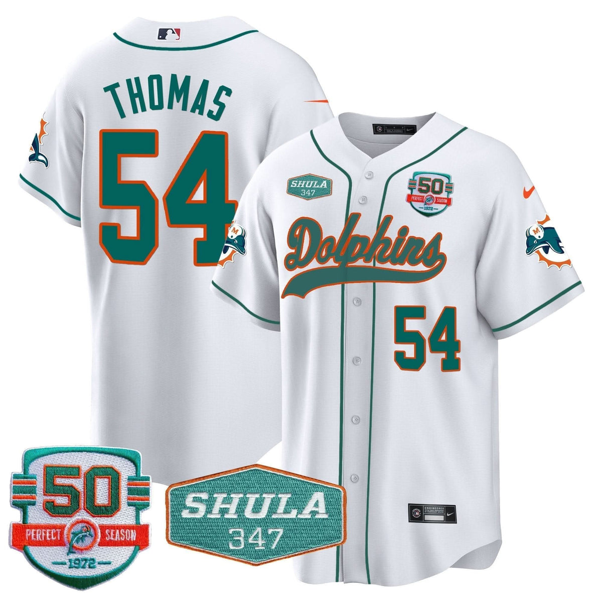 Dolphins 50th & Don Shula 347 Memorial Patch Baseball Jersey - All Stitched