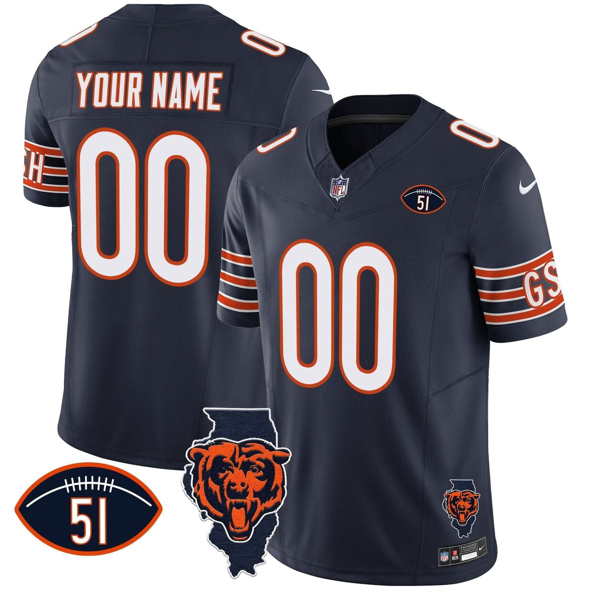 Bears Illinois Patch Vapor Custom Jersey - All Stitched
