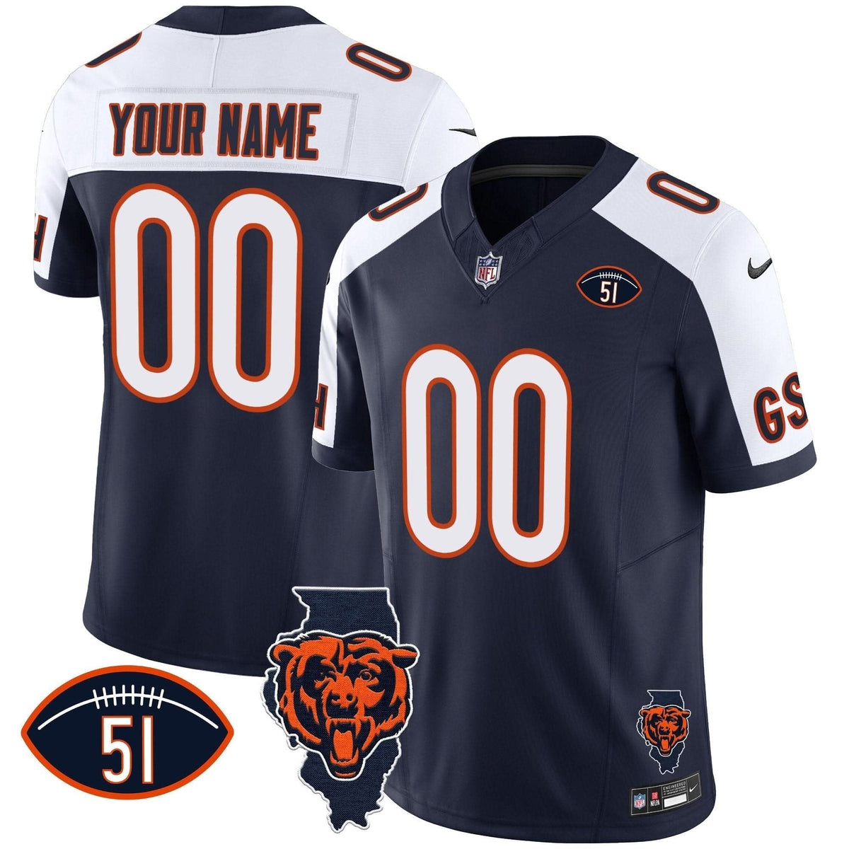 Bears Illinois Patch Vapor Custom Jersey - All Stitched