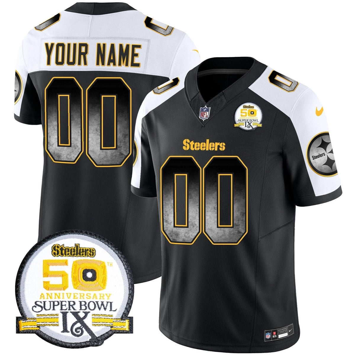 Steelers Arch Smoke 50th Anniversary Of Super Bowl IX Patch Vapor Limited Custom Jersey - All Stitched