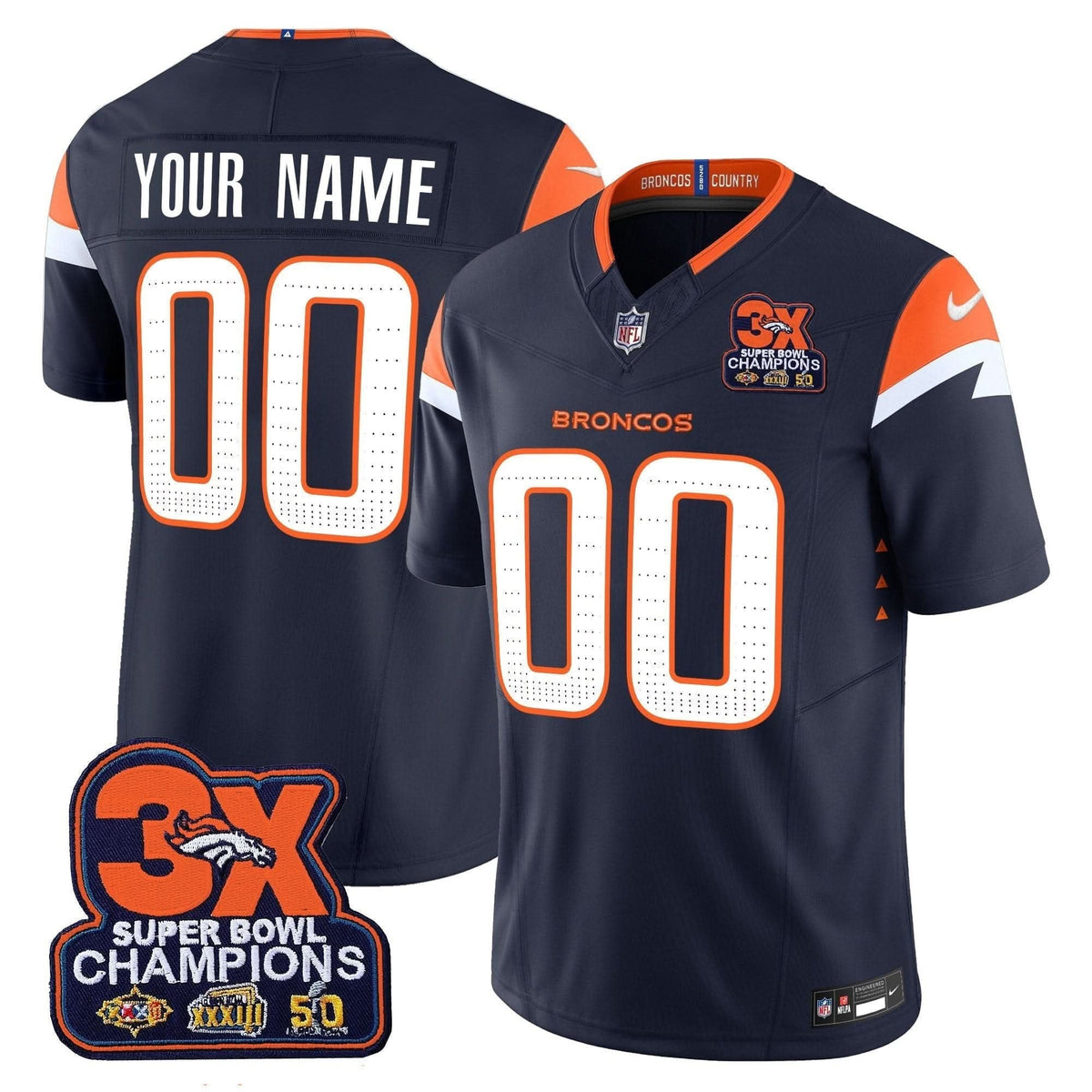 Denver Broncos 3-Time Champions Patch Vapor Limited Custom Jersey - All Stitched